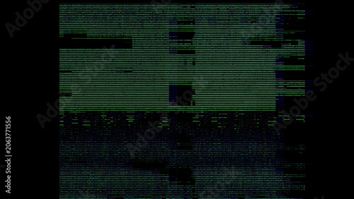 Obraz na plátně Abstract digital glitch texture on a black background, with distorted neon blue, cyan, green, and purple scan lines, creating a futuristic cyber error effect
