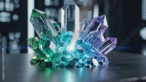 A cluster of vibrant, multicolored crystals, illuminated by a soft, ethereal glow, set against a blurred, futuristic background