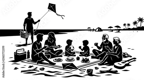 Black and white, family picnic, beach scene, vector illustration, summer fun