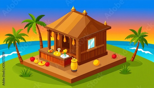 Tropical beach house with palm trees and sunset backdrop.