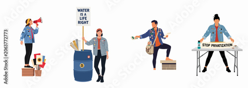 Set of flat vector illustrations of young activists protesting for water rights and against privatization with signs, megaphones, and flyers.
