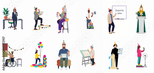 Obraz na plátně Diverse group of multi-ethnic professionals celebrating corporate milestones, success, and office achievements with party hats, balloons, and gifts in a flat vector illustration