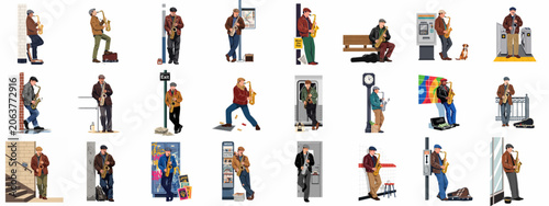 Tableau sur toile Set of diverse male saxophonists performing jazz in different city locations and subway environments, depicted in a flat vector style