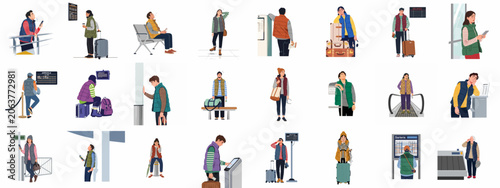 Canvastavla Flat Vector Illustrations of Stressed and Tired Travelers Waiting at an Airport or Train Station Due to Delays and Long Layovers
