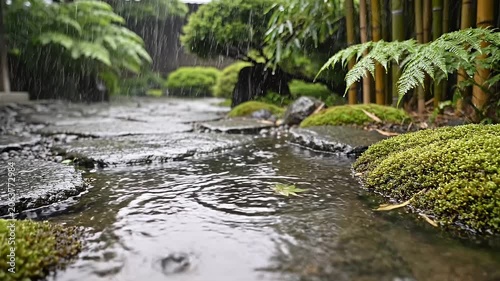 Tranquil Garden Path After Rain, Lush Greenery and Reflective Puddles