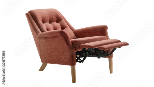 Cuadro en lienzo Tufted coral fabric recliner armchair with extended footrest, isolated on transp