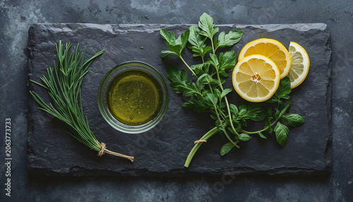 Black slate board with fresh herbs and lemon slices with olive oil.