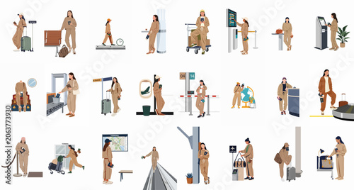 Set of illustrations depicting a female traveler in a tracksuit at various airport locations including check-in, security, and the boarding gate.