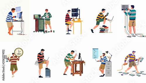 Foto Collection of Illustrations Featuring a Software Developer Working in Various Technical Scenarios, Including Coding, Server Maintenance, and Busy Office Life
