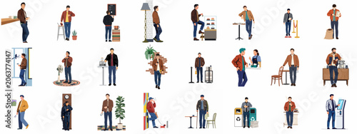 Tableau sur toile Collection of flat vector illustrations featuring a young man in casual attire performing various daily activities in cafe and urban settings