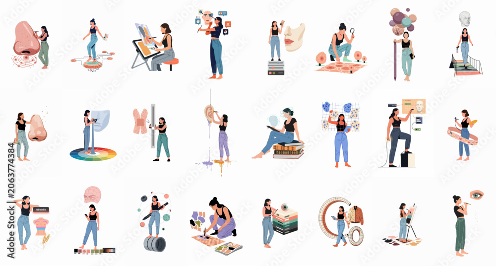 Fototapeta premium Comprehensive set of flat vector illustrations featuring a female digital artist and designer working on 3D modeling, skin textures, and creative projects.