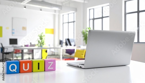Quiz Blocks and Laptop in a Modern Office for Online Learning