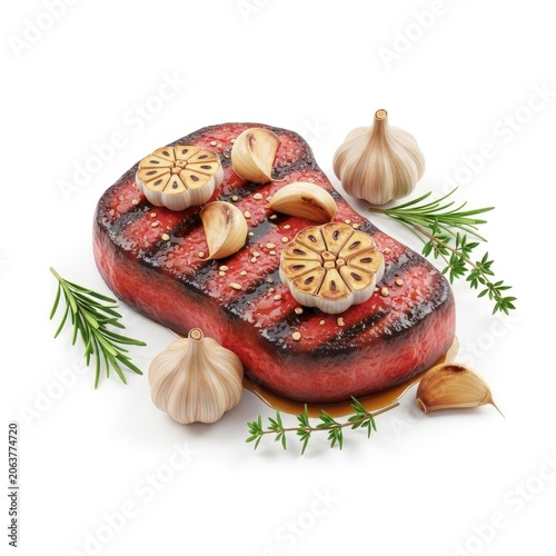 Grilled Steak with Garlic and Rosemary on White Background.