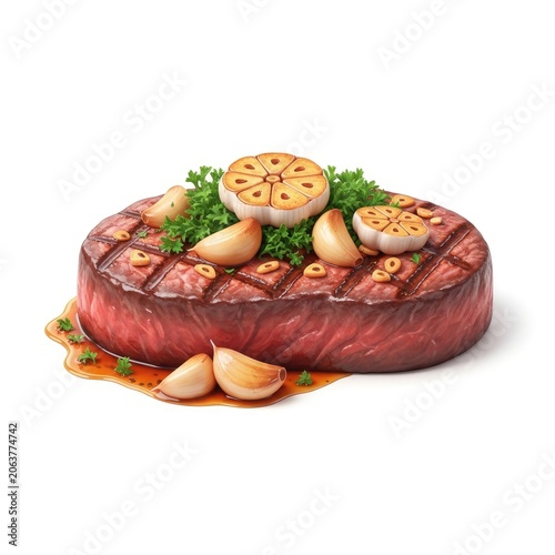 Perfectly Grilled Steak with Roasted Garlic and Fresh Herbs.