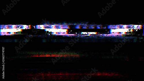 Abstract horizontal glitch distortion with RGB noise and digital signal interference on black background, futuristic tech overlay for screen error, broadcast failure or cyber design.