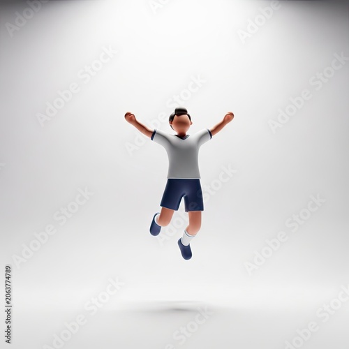 3D Render of a Joyful Male Soccer Player Celebrating a Goal with Arms Raised in a Bright White Studio.