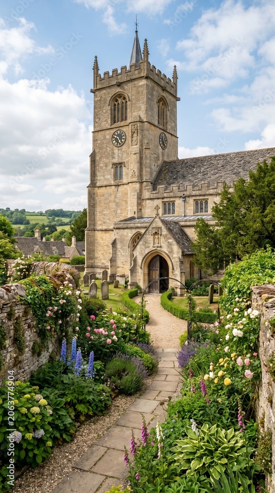 Fototapeta premium Historic church with clock tower and beautiful garden pathway