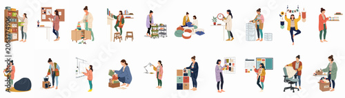 Quadro su tela Vector illustration set of women practicing various home organization and productivity techniques to manage focus and daily tasks efficiently