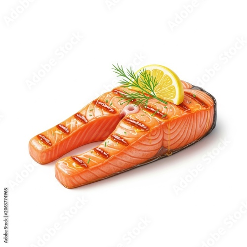 Grilled Salmon Steak with Lemon and Dill on White Background.