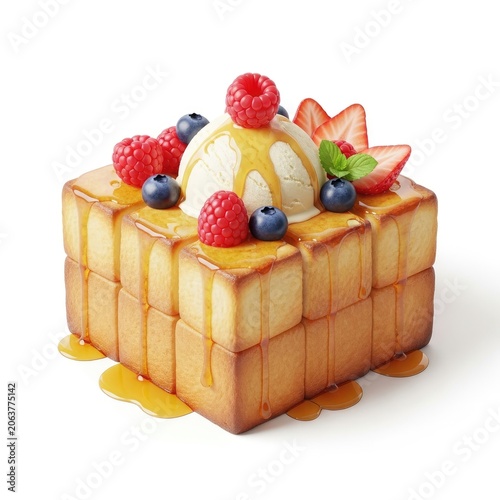 Honey Toast Box with Ice Cream and Mixed Berries on White Background.