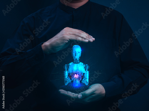 Obraz na plátně Human hands protecting and control AI robot hologram