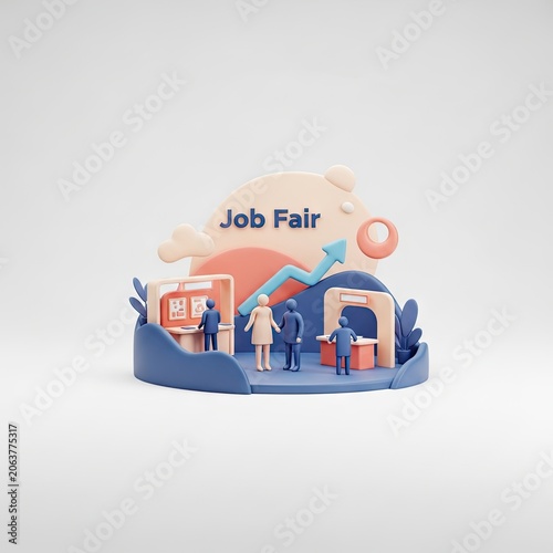 3D Render of a Job Fair with Miniature People and Booths.