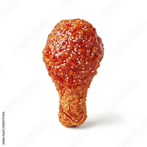 Spicy Korean Fried Chicken Drumstick with Sesame Seeds on White Background.