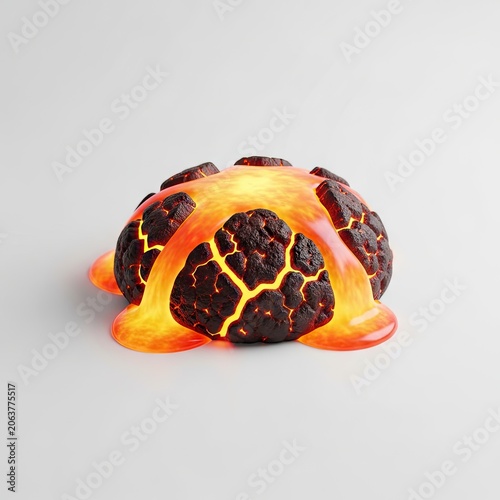 Molten Lava Rock Formation with Glowing Orange Flow on White Background.