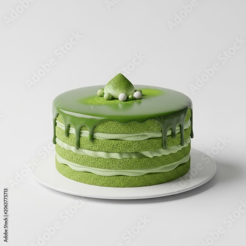 Delicious Matcha Green Tea Cake with Glaze and White Pearls on a White Plate.
