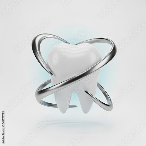 3D Render of a White Tooth with a Silver Ring Floating on a Light Background.