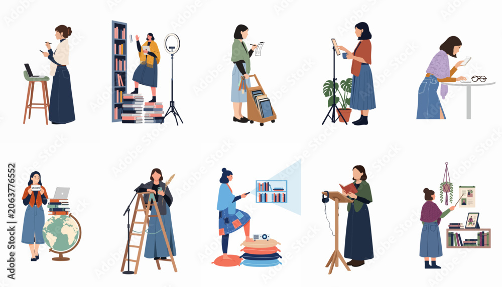 Fototapeta premium Collection of ten flat vector characters showcasing women working, learning, and creating content using books, laptops, and digital devices.