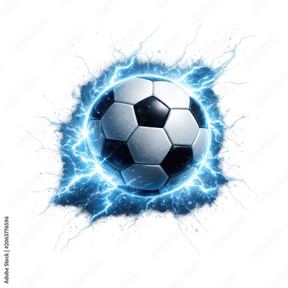 Fototapeta premium Soccer ball surrounded by bright blue electric lightning energy and water splashes