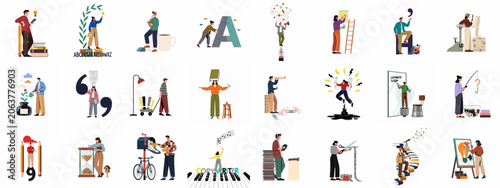 Tableau sur toile Set of diverse vector illustrations representing creative copywriting, storytelling, and professional writing processes with characters engaged in various metaphorical activities