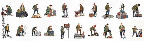 A set of illustrations depicting people in camouflage gear scavenging, sorting, and repairing various types of scrap metal and industrial waste in a junkyard.