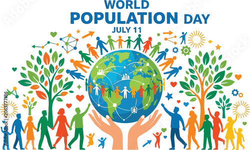 World population day illustration with people supporting the earth isolated on transparent background