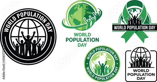 World population day emblems and graphics with globe people and ribbon designs isolated on transparent background
