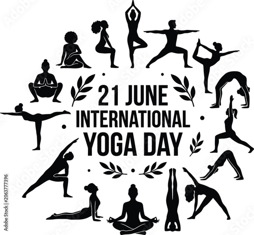 International yoga day illustration with various poses and date isolated on transparent background