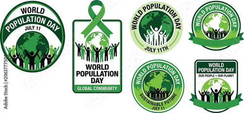 World population day logos and badges isolated on transparent background