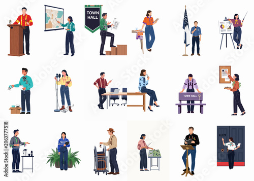 Flat Vector Illustrations of People Participating in Community Meetings, Town Hall Events, Public Speaking, and Civic Activities