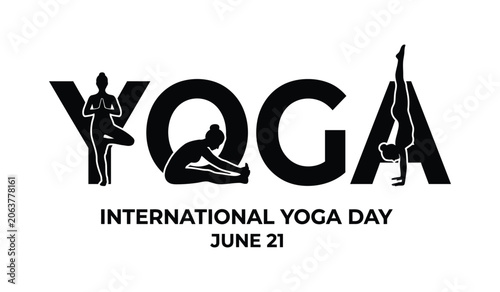 Yoga graphic with silhouette pose and text international yoga day june 21 isolated on transparent background
