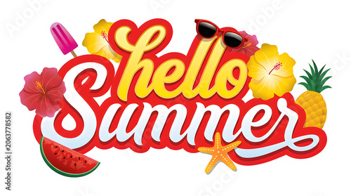 Hello summer tropical typography with sunglasses pineapple and hibiscus summer time pineapple hibiscus sunglasses popsicle starfish watermelon tropical vacation lettering graphics seasonal