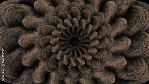 Grey monochrome floral spiral shapes in looped animated background.	

