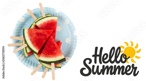 Hello summer tropical concept featuring watermelon slices on popsicle sticks served on a decorated paper plate summer time watermelon popsicle refreshing vacation seasonal greeting tropical
