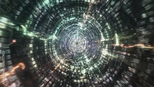 Dynamic Visual Journey Through a Digital Tunnel: A Mesmerizing Display of Colorful Pixelated Patterns and Light Spiraling Towards a Central Point