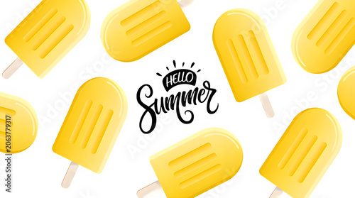 Hello summer calligraphy text with yellow popsicles background ice cream graphic design vacation time popsicles typography calligraphy lettering vacation seasonal celebration greeting