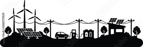 Sustainable Energy And Electric Vehicle Charging Station Scene wind turbines solar panels