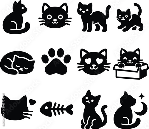 A collection of black silhouette icons depicting cats in various poses, expressions, and activities, including a paw print and fish bone, isolated on white background.