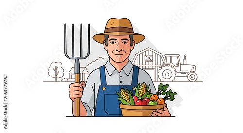 Happy farmer holding basket of fresh vegetables outdoors.