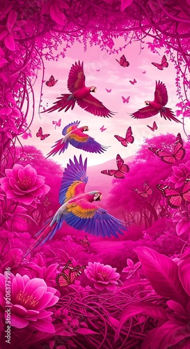 Vibrant Tropical Jungle Scene with Colorful Macaws and Butterflies.