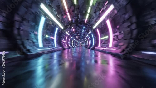 A Futuristic Neon Tunnel Glides into the Unknown, Merging Colors and Lights in a Hypnotic Journey Through a High-Tech Passageway